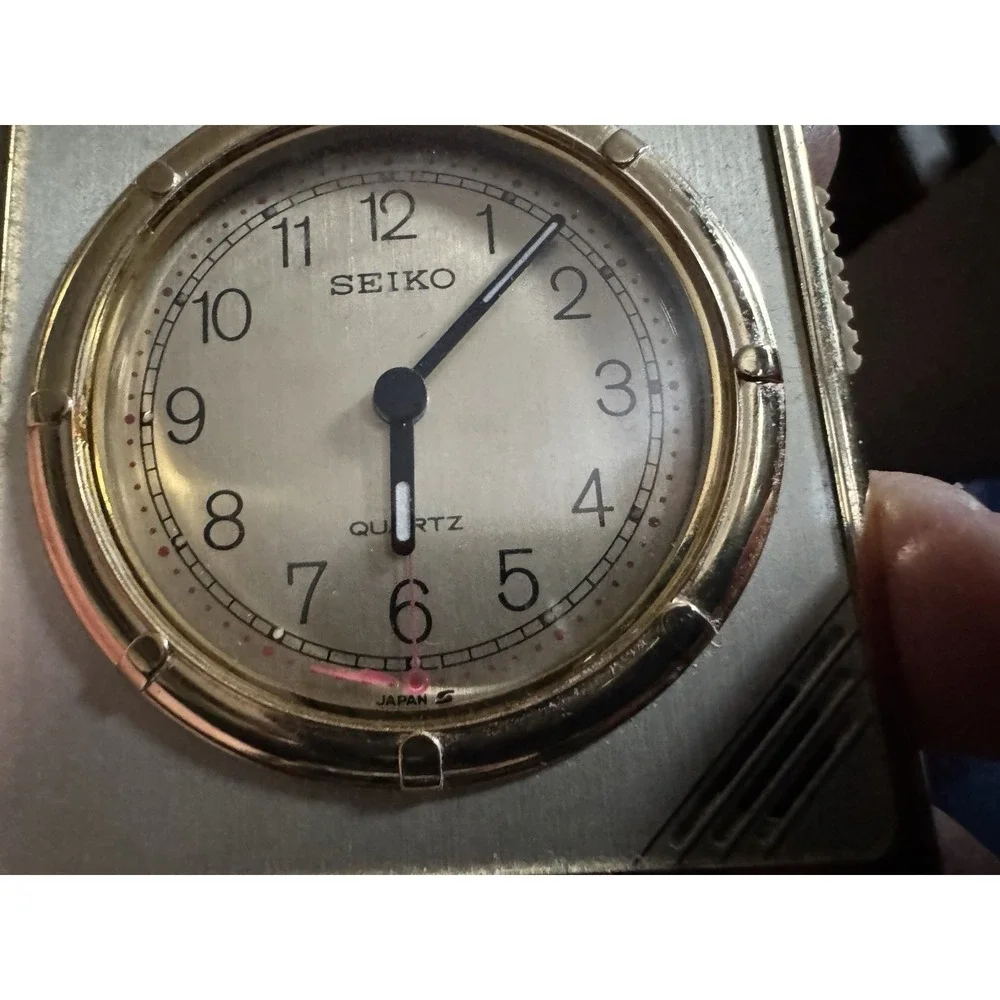 Vintage 80s Seiko Quartz Travel Alarm Clock Gold Square Ultra Thin Japan QUH301G